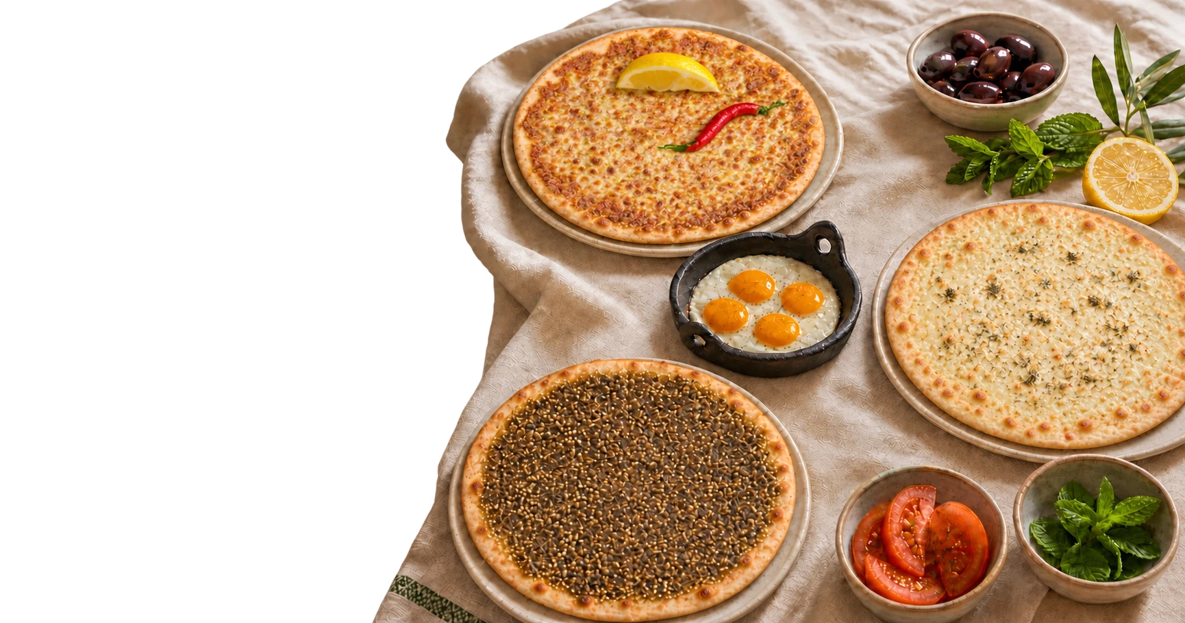 Whole Lebanese manoushe with za’atar, cheese and meat with melted cheese, arranged around a clay pot of eggs with olives, lemon, tomato and mint